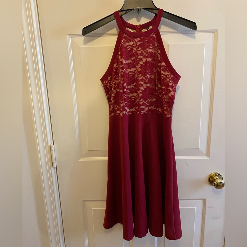 Elegant Burgundy Lace Halter Dress